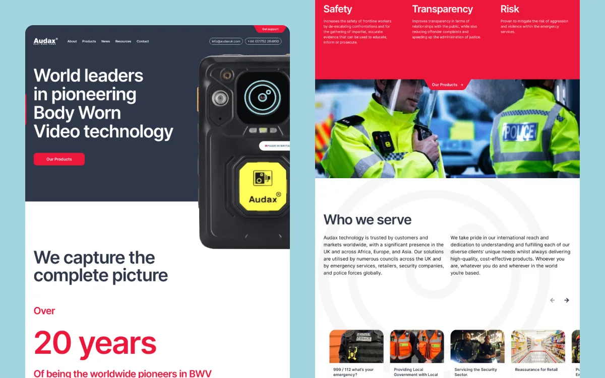 Audax body-worn video technology website homepage and product pages