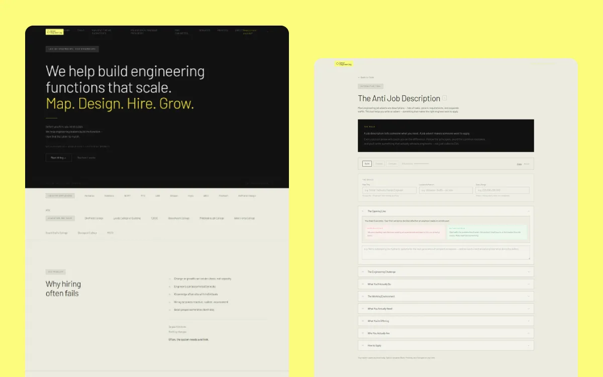 Enter Engineering engineering recruitment website page designs in black, yellow and white