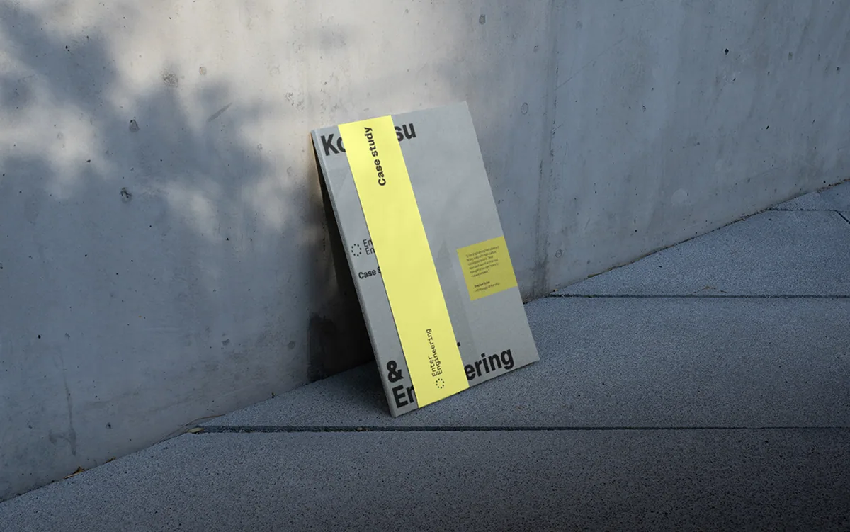 Enter Engineering yellow engineering recruitment brochure standing on a display ledge