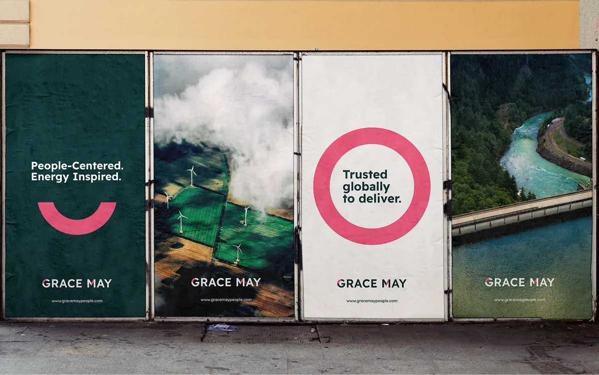 Grace May recruitment campaign posters at a bus shelter