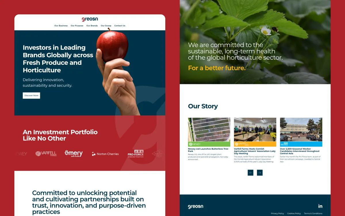 greosn fresh-produce investment website homepage and company pages