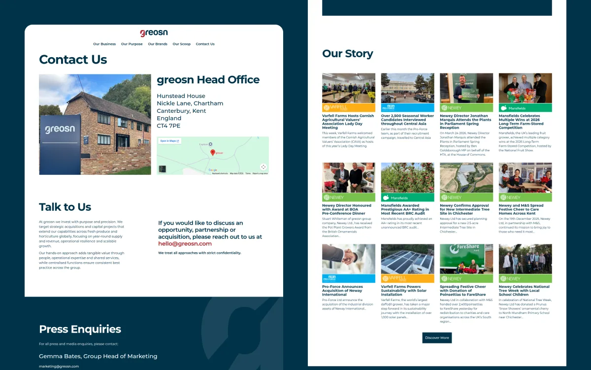 greosn website contact, company story and news page designs