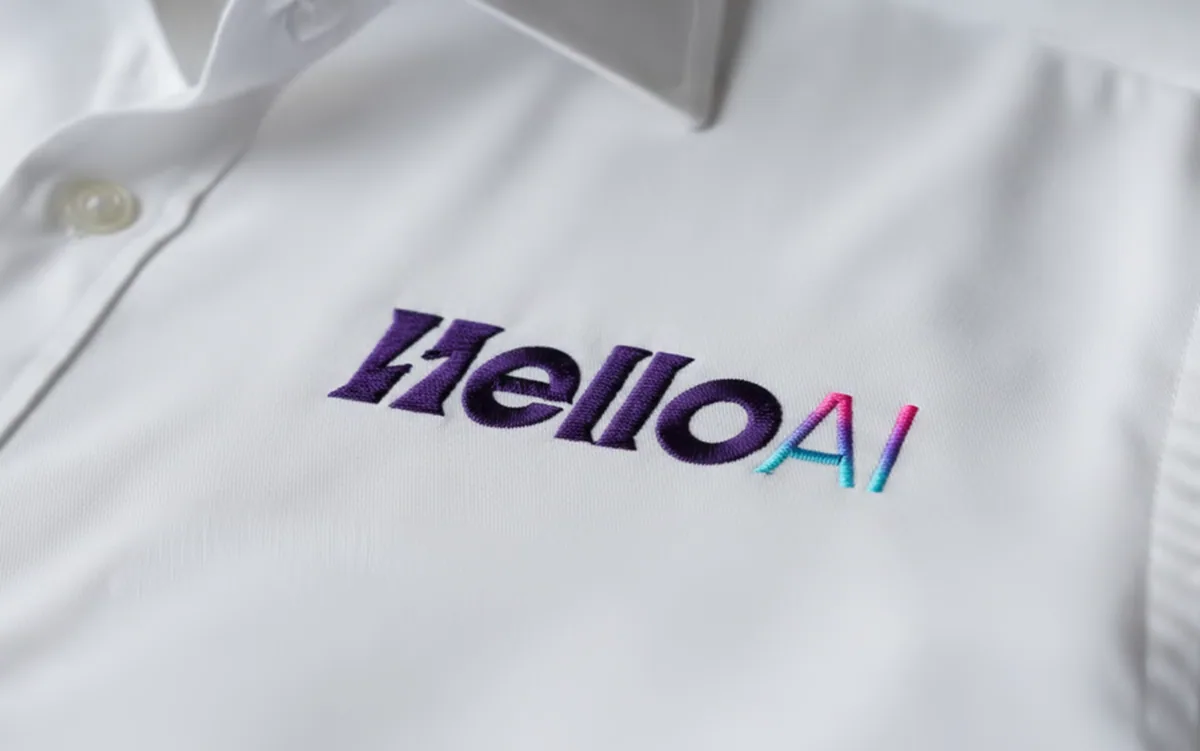 HelloAI embroidered logo on a white polo shirt