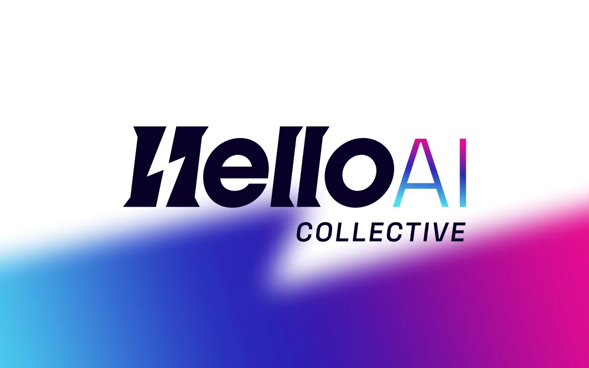 HelloAI Collective logo above a blue-to-pink gradient