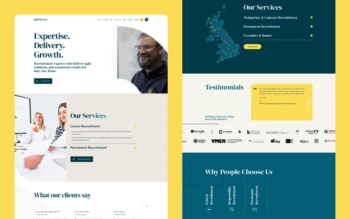 Spirehouse website page designs in yellow, teal and white