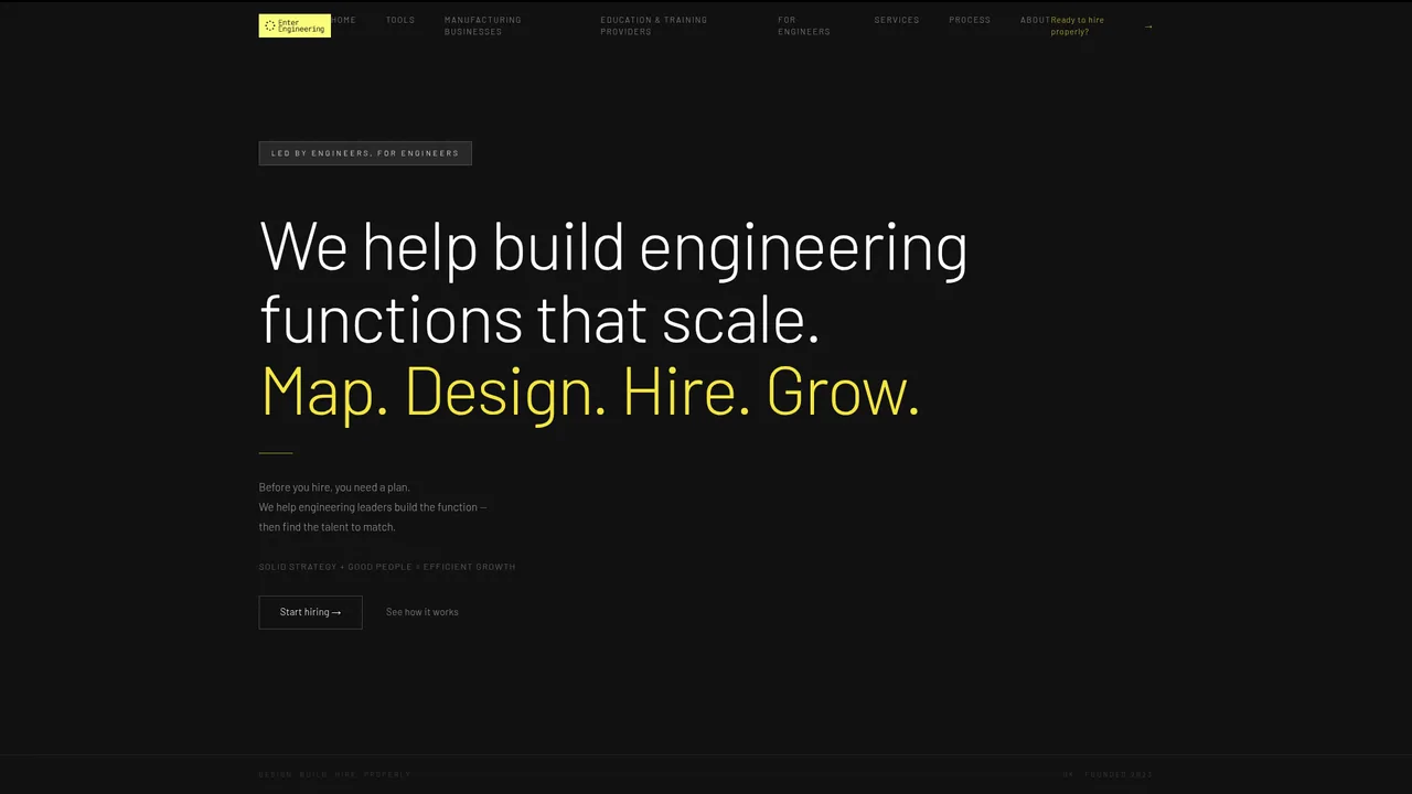 Enter Engineering engineering recruitment website homepage in black and yellow